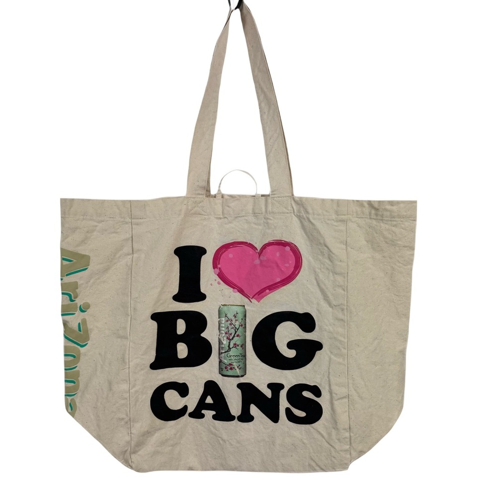 I LOVE Big Cans Arizona Canvas Tote Bag Reusable 2x Graphic Teal & Pink Hearts